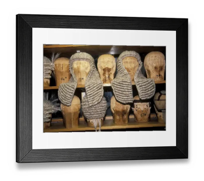 Framed Print : Wigs. The store room for Wigs that have been made for Judges at Ede Ravenscroft in London Framed Print : Wigs. The store room for Wigs that have been made for Judges at Ede Ravenscroft in London