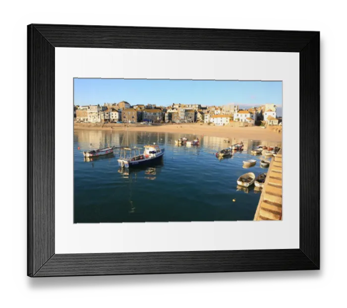 Framed Print : St Ives. Colourful little open Fishing Boats lit by pale afternoon sun light Framed Print : St Ives. Colourful little open Fishing Boats lit by pale afternoon sun light