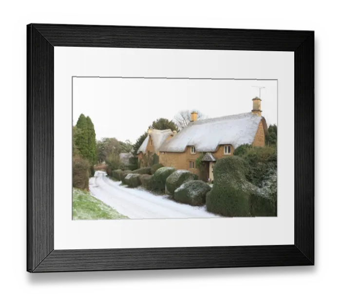 Framed Print : Great Tew. The first snow of the winter at the cotswold village of Great Framed Print : Great Tew. The first snow of the winter at the cotswold village of Great