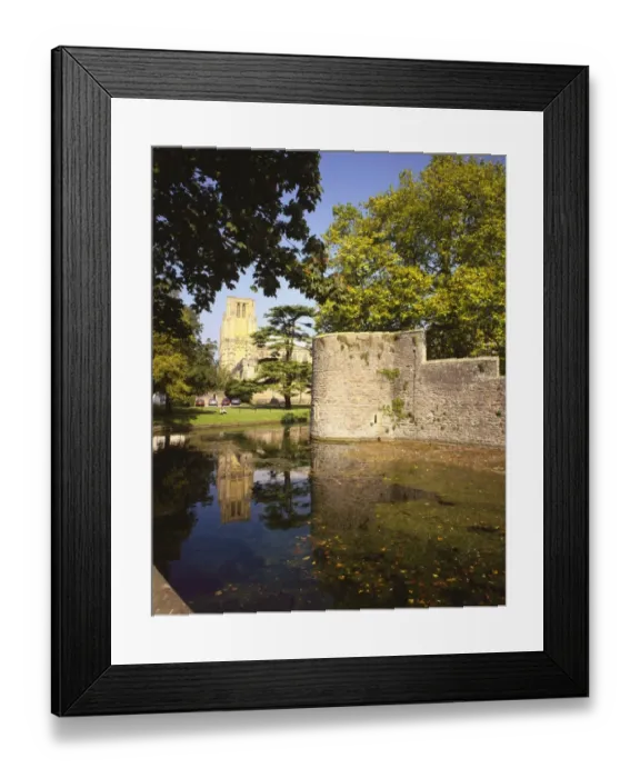 Framed Print : Wells. The Cathedral reflected in the moat around the Bishops Palace at Wells in Somerset Framed Print : Wells. The Cathedral reflected in the moat around the Bishops Palace at Wells in Somerset