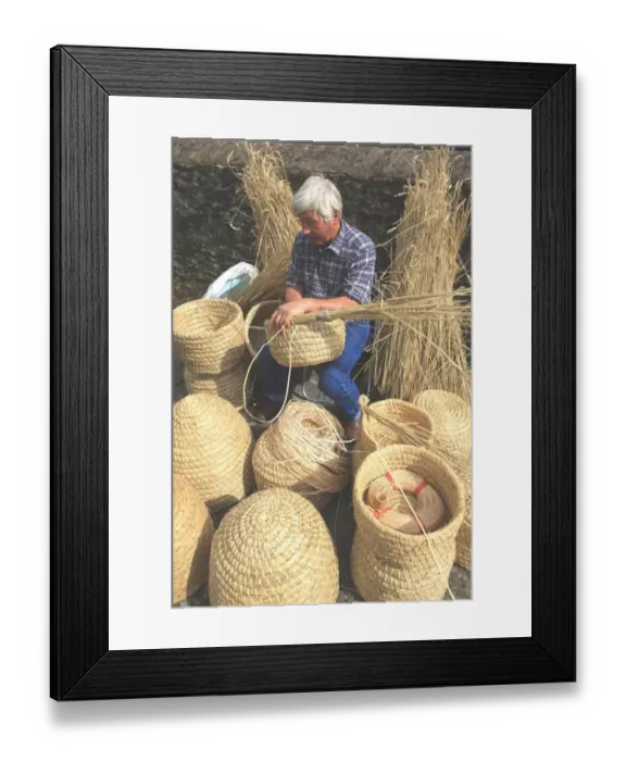 Framed Print : Bee-Skeps. David Chubb making Bee-Skeps on his farm in the Cotswolds