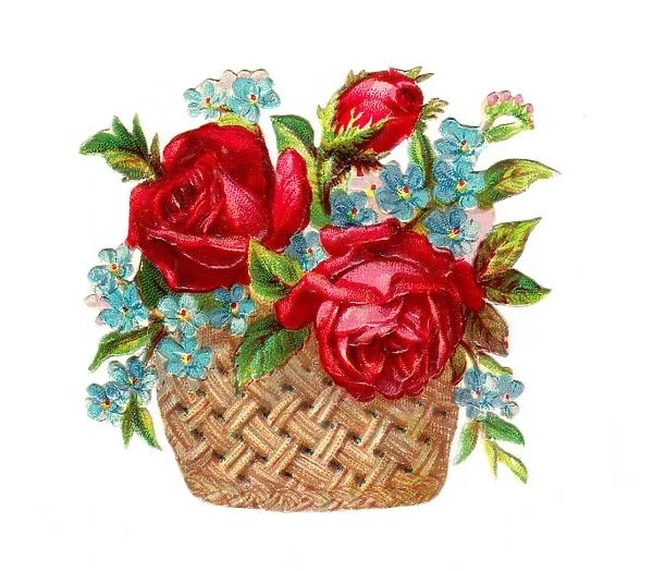 Basket of roses and forgetmenots on a Victorian scrap