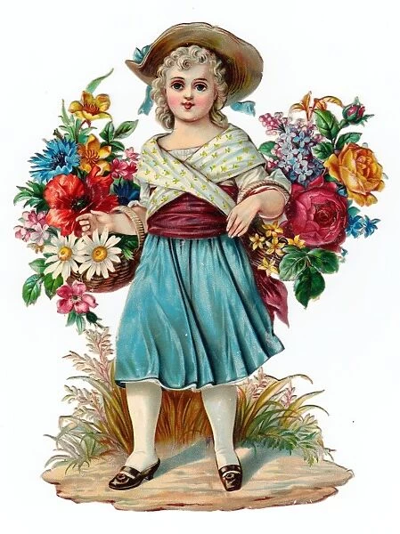 Girl with baskets of flowers on a Victorian scrap