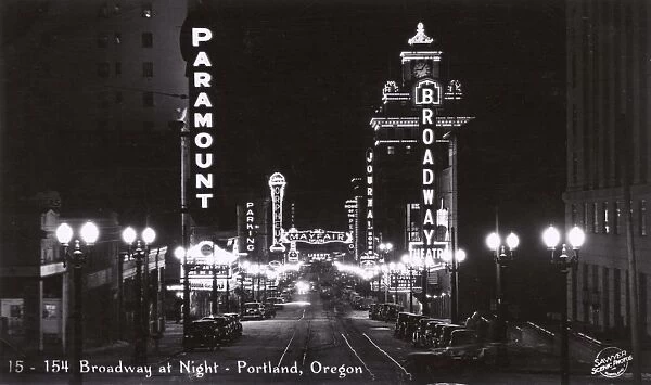 Night view of Broadway, Portland, Oregon, USA