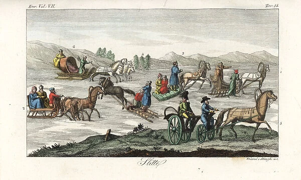 Russian people on horse-driven sleighs on a glacier