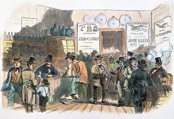 New Yorkers, predominantly Irish immigrants, casting their ballots in the 1858 elections at a saloon in Pearl Street: contemporary American engraving