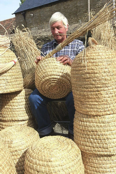 Bee Skep. David Chubb making Bee-Skeps on his farm in the Cotswolds