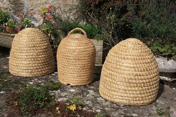 Bee-Skeps which are bee hives made from straw by David Chubb on his farm in the Cotswolds