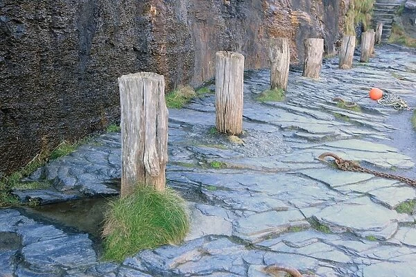 Boscastle. A row of bollards on the quayside around the harbour in the