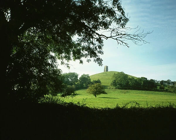 Glastonbury. The Tor on top of the Hill looking over the Somerset Town of Glastonbury