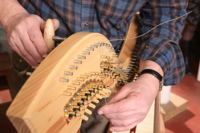 Framed Print : Harps. Harp maker Allan Shiers at The Harp Centre of Wales, at Llandysul Wales Framed Print : Harps. Harp maker Allan Shiers at The Harp Centre of Wales, at Llandysul Wales
