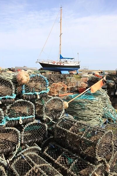 Holy Island. lobster pots on the harbour at Holy Island