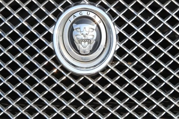 Jaguar. The radiator grill and badge on a Jaguar XF luxury saloon car