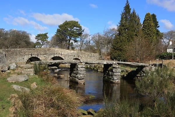 Postbridge Devon. The two bridge's over the East Dart River on Dartmoor at Postbridge