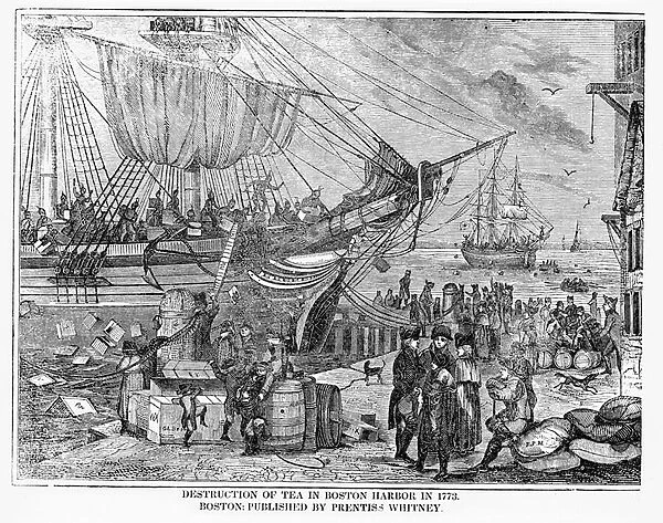 Destruction of Tea in Boston Harbour in 1773 (engraving)