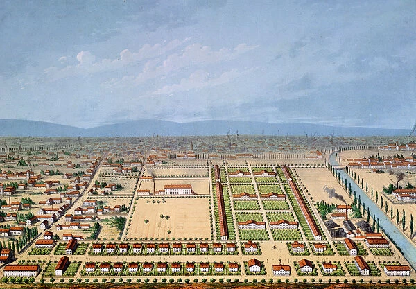 Industrial housing plan in Mulhouse, France, 1846 (colour litho)