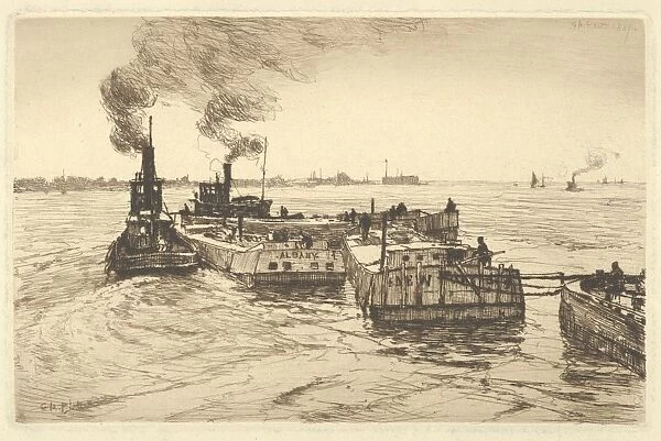 Canal Boats Tugs 1887 Etching printed brown ink