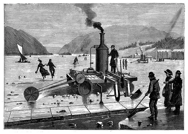 Cutting ice on the St Lawrence river, Canada, using a steam-powered saw, 1894