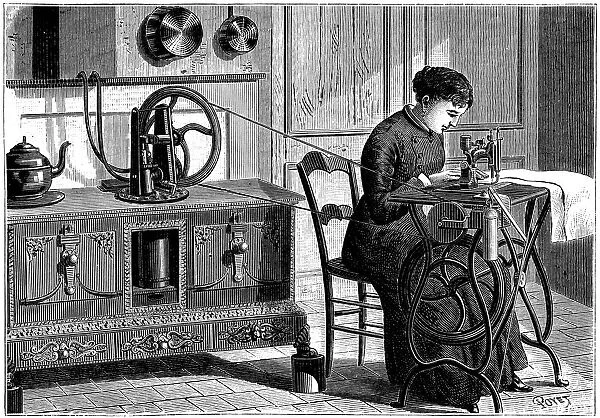 Domestic sewing machine powered by steam, 1883