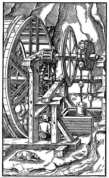 Pump powered by men in a treadmill, 1556