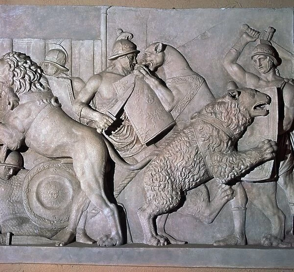 Roman relief of gladiators fighting wild beasts. 1st century