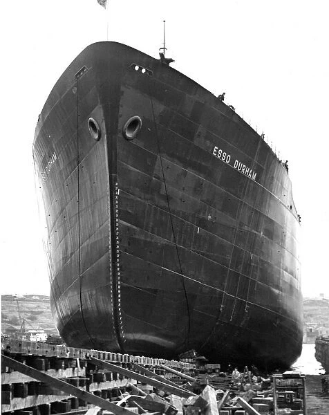 The tanker Esso Durham stands on a slipway in a North East Shipyear