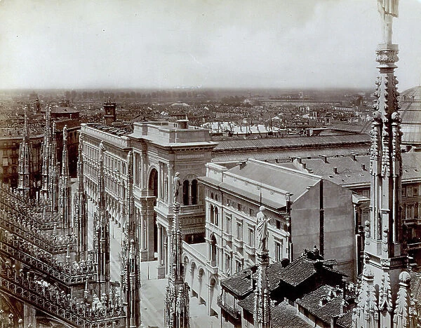 Panorama of the city of Milan from the terraces of the left side of the Cathedral. A glimpse can be had of the Galleria Vittorio Emanuele II