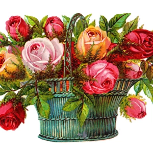 Basket of roses on a Victorian scrap