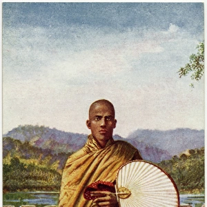 Buddhist Priest - Sri Lanka - holding a fan