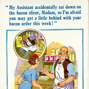 Comic postcard, accident with bacon slicer Date: 20th century