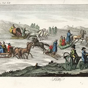 Russian people on horse-driven sleighs on a glacier