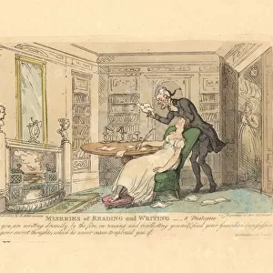 Woman sleeping at a desk while a man reads her secret