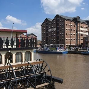 Gloucester Historic Docks, Dock Basin with paddle steamer, former warehouses, Gloucester