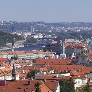 View from Castle District (Hradcany) to Mala Strana suburb with Dome and Tower of St. Nicholas Church and Vltava River, Prague, Bohemia, Czech Republic, Europe