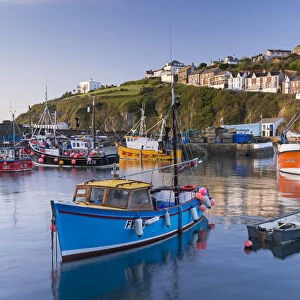 Cornish fishing boats in Mevagissey harbour at sunrise, Cornwall, England. Spring