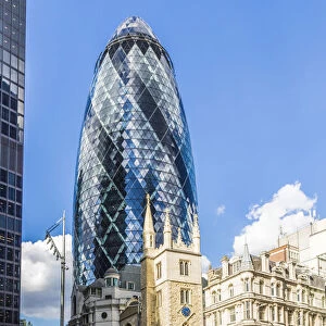 St Andrew Undershaft Church and The Gherkin also known as the Swiss Re building, London