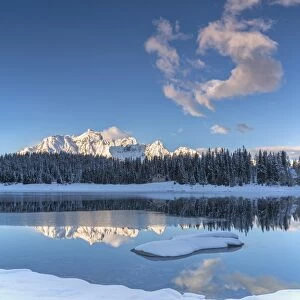 Woods and snowy peaks are reflected in the clear water of PalA'A¹ Lake Malenco Valley Valtellina Lombardy Italy Europe