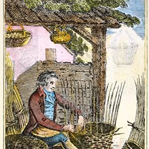 COLONIAL BASKETMAKER. A colonial American basket maker. Line engraving, late 18th century