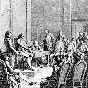 CONTINENTAL CONGRESS. The first Continental Congress held in Philadelphia, September 1774. Line engraving, French, 1783