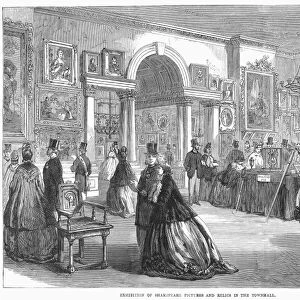 LONDON: TOWN HALL, 1864. Exhibition of Shakespeare pictures and relics in the Town Hall at London. Wood engraving, English, 1864