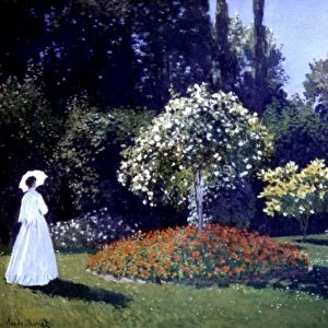 MONET: JEANNE / GARDEN, 1867. Claude Monet: Jeanne Marguerite LeCadre in the Garden. Oil on canvas, 1867
