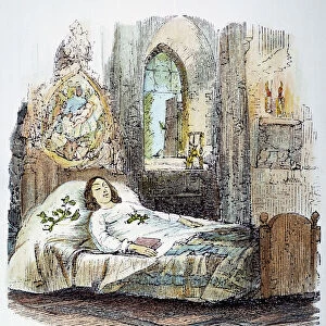 OLD CURIOSITY SHOP. Little Nell on her deathbed. Color wood engraving, 19th century, for Charles Dickenss The Old Curiosity Shop