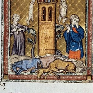 THE PLAGUE OF PESTILENCE. Illumination from the Golden Haggadah, Spain, 1320-30