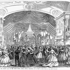 SARATOGA SPRINGS, 1865. Celebrating July Fourth with a grand ball at the Union Hotel in Saratoga, New York, in 1865. Wood engraving from a contemporary American newspaper