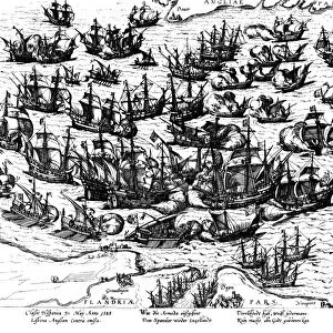 SPANISH ARMADA, 1588. Battle between the Spanish Armada and the English Royal Navy in the English Channel, 1588. Line engraving, 16th century