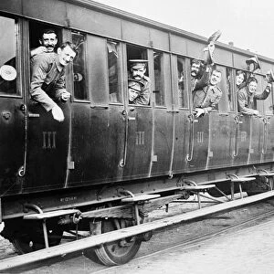 WWI: BRITISH TROOPS, c1914. British troops on board a train in France. Photograph