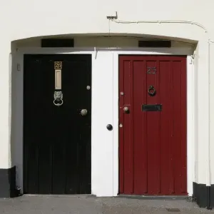 Red and Black Doors Print, Cornwall Village Scene Red and Black Doors Print, Cornwall Village Scene