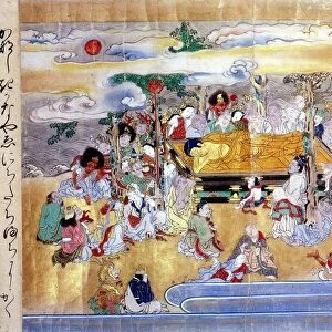 Death of Buddha, Pari Nirvana. Episode from 18th century Japanese manuscript scroll