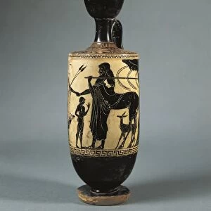 Italy, Sicily, Black-figure lekythos (vase used to store oil) depicting Achilles and Chiron the Centaur by the Athena Painter School