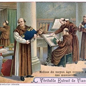 Monks at work on manuscripts in a scriptorium. Liebig trade card c1900. Chromolithograph
